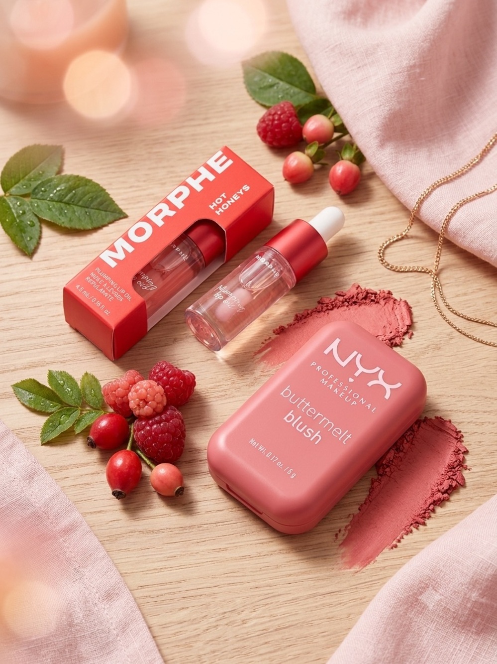 NYX Buttermelt Blush & Morphe Lip Oil Duo — Warm Raspberry Pink